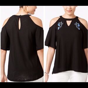 ECI black with blue flower cold shoulder top